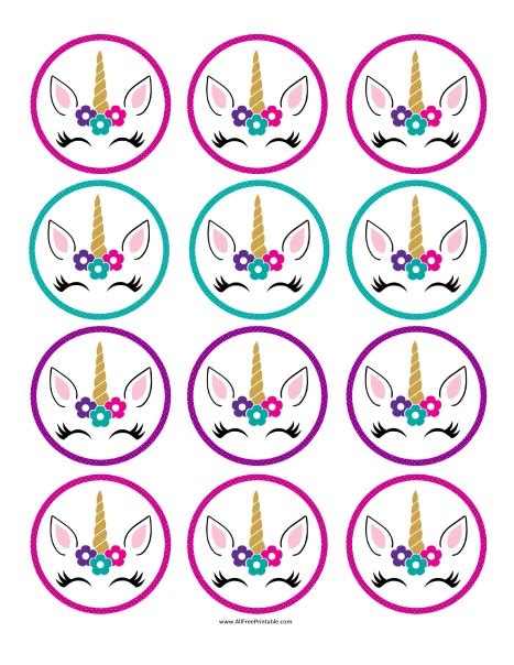 Unicorn Face Stickers With Pink And Blue Flowers In The Center On A