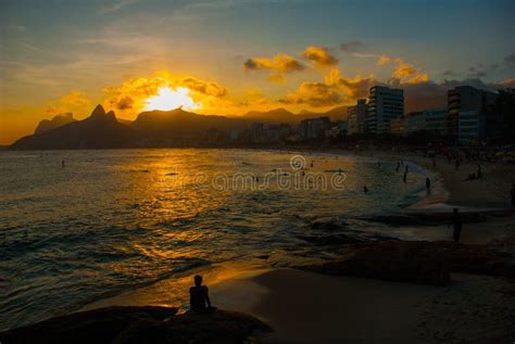 Sunset On Ipanema Beach In Rio De Janeiro Editorial Photo Image Of