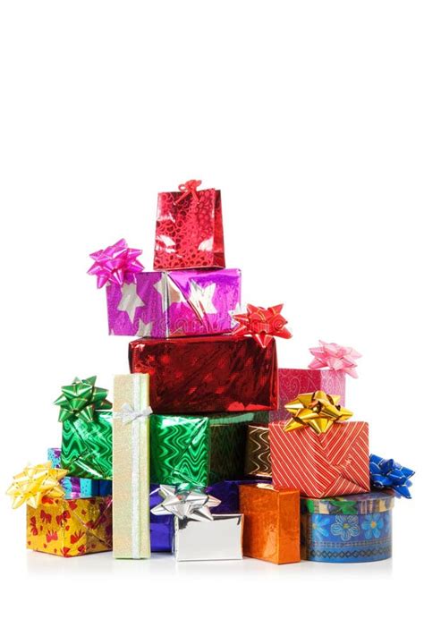 Tall Stack Of Christmas Presents Isolated On White Stock Photo Image
