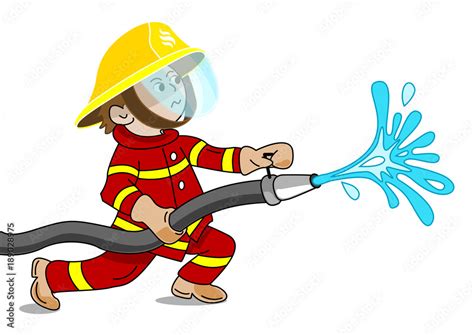 A Small Fireman Holding A Fire Hose From Which Water Flows Cartoon