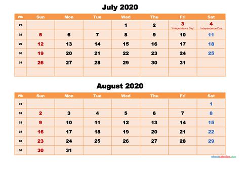 Calendar For July And August 2020 Word Pdf