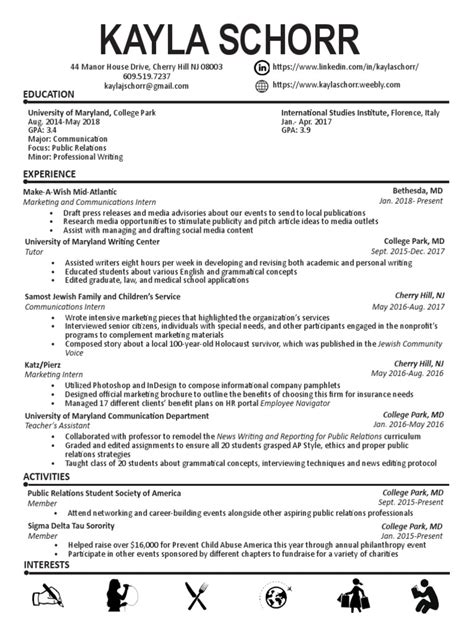 Looking for public relations cv examples? Kayla Schorr Resume 2018 PDF | Public Relations | Communication