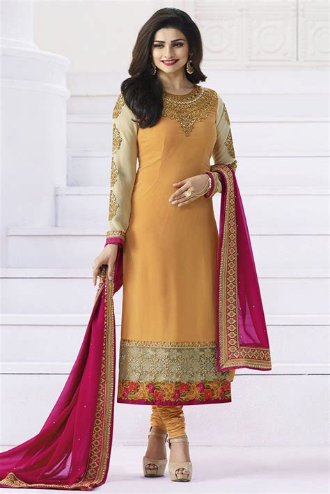 Prachi Desai Georgette Churidar Suit In Orange Colour Dress Materials Partywear Indian Outfits