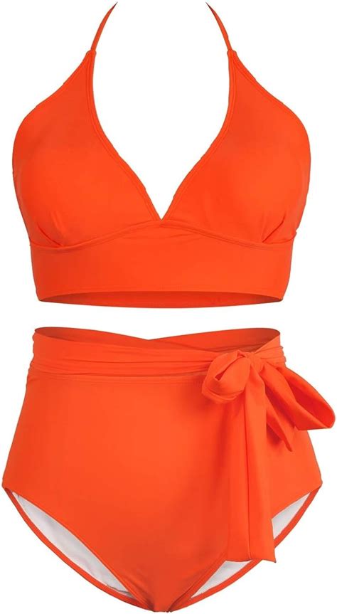 Womens Neon Orange 2 Piece Plus Size High Waisted Tummy