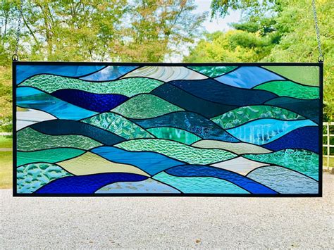 Honeydewglass Large Stained Glass Ocean Waves 14 X 32 Etsy