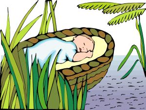 Illustration of a bible scene, exodus 2, baby moses, moses is left in a basket on the banks of the nile. Akhlah :: The Jewish Children's Learning Network :: Moses