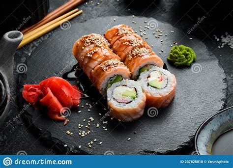 Traditional Sushi Rolls On A Stone Plate Close Up Sushi Menu Stock
