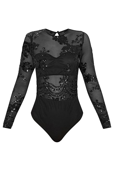 Womens Prettylittlething Sequin Mesh Bodysuit Black Kpop Fashion Outfits Body Suit Outfits
