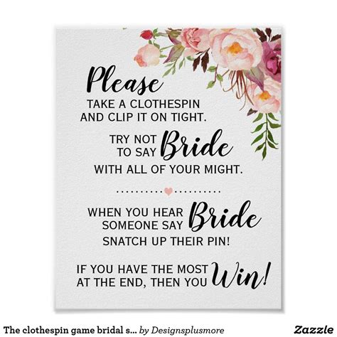 The Clothespin Game Bridal Shower Pink Floral Sign Zazzle Pink Bridal Shower Bridal Shower