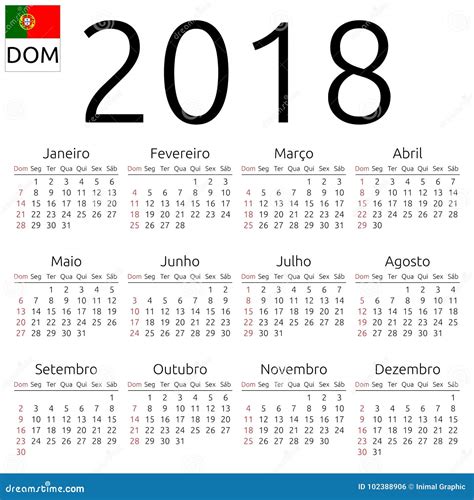 Calendário 2018 Português Domingo Ilustração Do Vetor Ilustração De