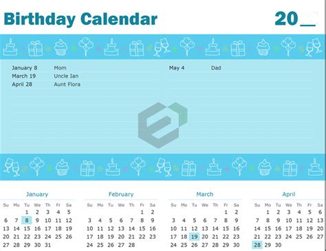 Birthday Calendar Template Free Excel Calendar And Planners