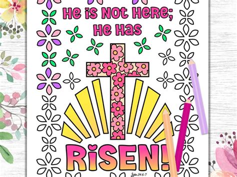 He Is Risen Coloring Page With Cross Christian Easter Etsy