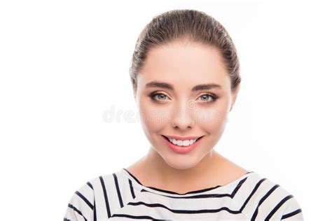 Close Up Portrait Of Attractive Cheerful Woman In Striped T Shirt Stock
