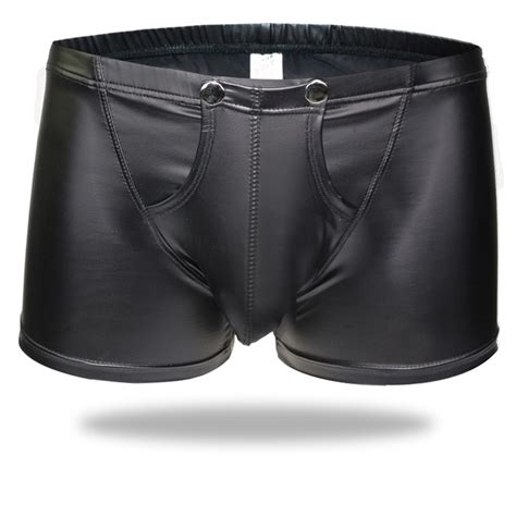 Men Sexy Open Crotch Boxers Faux Leather U Convex Pouch Gay Wear Plus