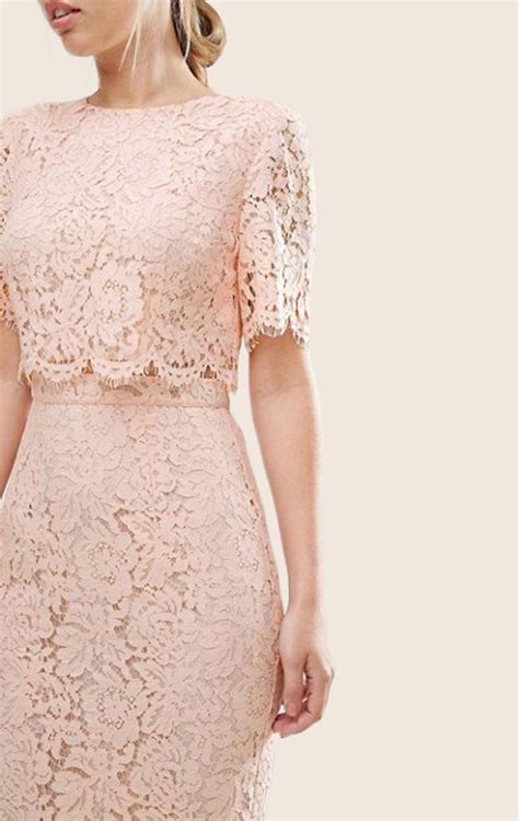 Macloth Two Piece Lace Pink Cocktail Dress Short Sleeves Midi Formal Gown Pink Cocktail Dress