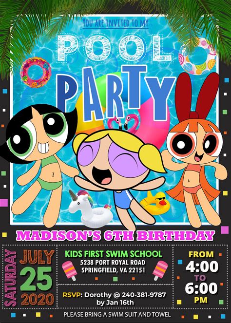 Powerpuff Girls Pool Party Birthday Invitationsummer Etsy In 2021 Pool Birthday Party Girls