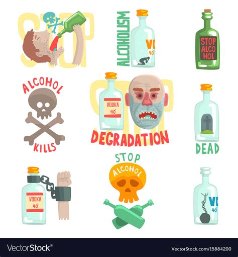 Dangers And Risk From Alcohol Set Alcoholism Vector Image