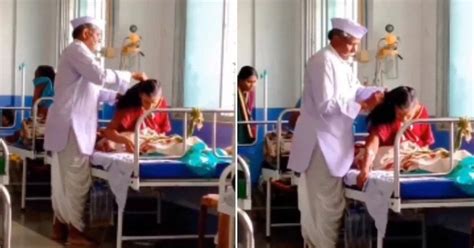 Elderly Man Carefully Brushes Ailing Wifes Hair At Hospital