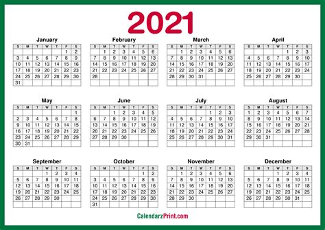 2021 Calendar Printable Free Horizontal Hd Green Calendarzprint