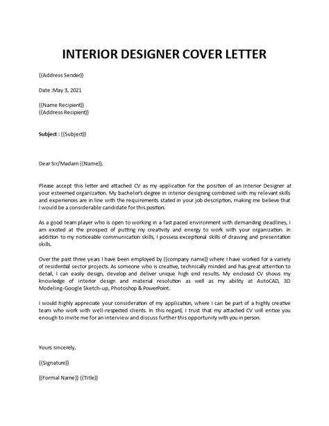 Interior Design Job Application Letter Sample