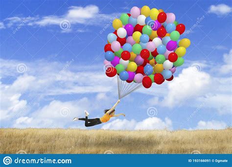 Happy Flying Girl With Balloons Stock Image Image Of Multi Composite