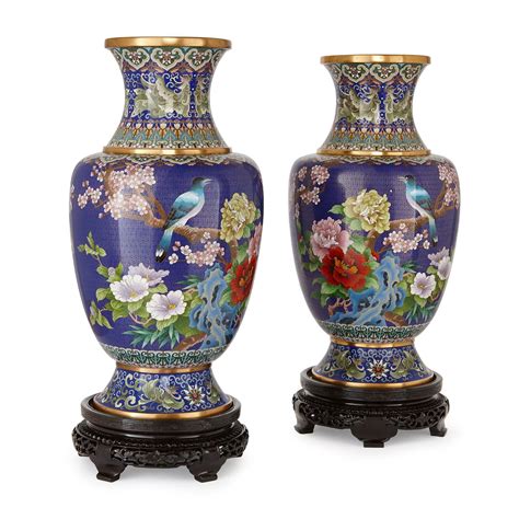 Pair Of Large Chinese Cloisonné Enamel Vases On Wooden Stands Mayfair