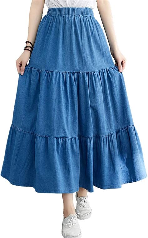 Femiserah Womens Elastic Waist Denim Tiered Skirt Long Prairie Skirts