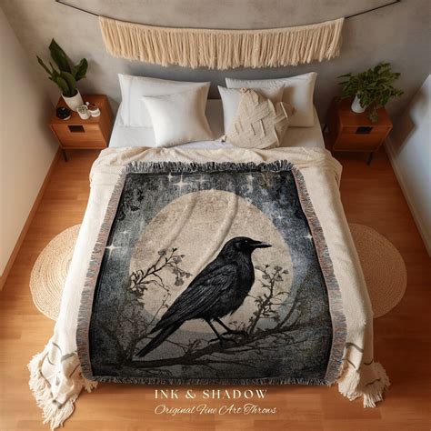 Midnight Raven Gothic Decor Blanket Woven Tapestry Crow Raven Decor