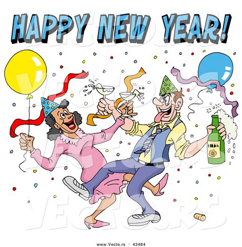 Vector Of A Drunk Couple Wearing Party Hats And Dancing With Champagne Under Balloons And