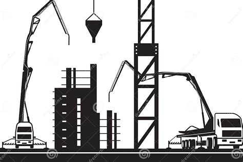 Concrete Pump Trucks And Crane On Construction Site Stock Vector