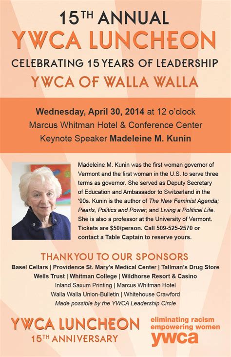 Madeleine Kunin To Speak At 15th Ywca Luncheon Ywca Walla Walla
