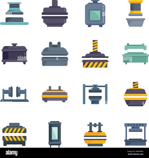 Press Form Machines Icons Set Flat Vector Formation Manufacturing