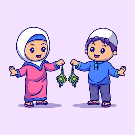 Joli Garçon Et Fille Musulmane Tenant Une Illustration Dicône De