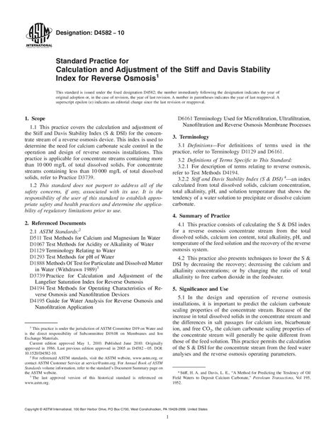 Astm D4582 10 反渗透史蒂夫和戴维斯稳定指数计算和调整的标准实施规程 标准