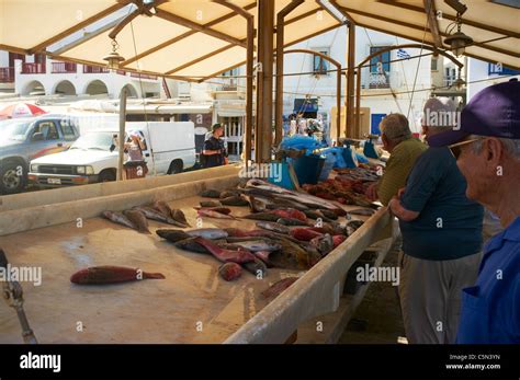Outdoor Fish Market Next To The Harbour Of Mykonos Greece Stock Photo