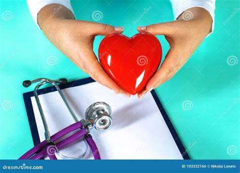 Woman Doctor With A Stethoscope Holds A Heart Stock Photo Image Of