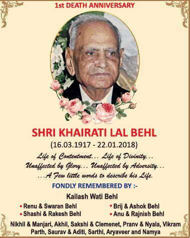 Mary mathew, wife of mathachan kuncherakkattu and daughter of mr. 1St Death Anniversary Shri Khairati Lal Behl Ad - Advert ...