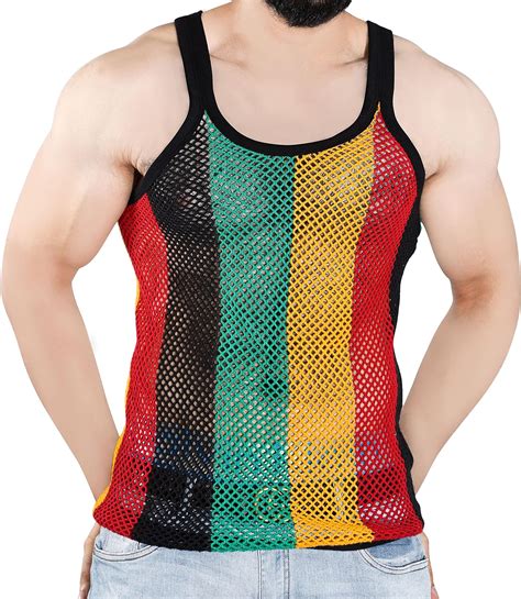 100 Cotton Rasta String Vest Workout Mens Tank Tops Mesh Fishnet