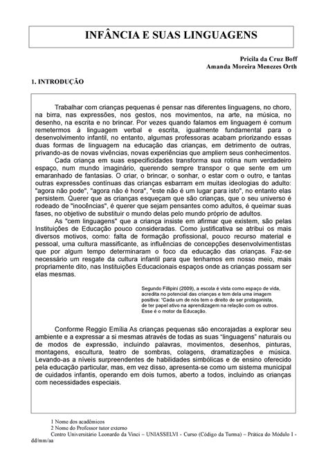 Paper Infância e suas linguagens Pricila da Cruz Boff Amanda Moreira