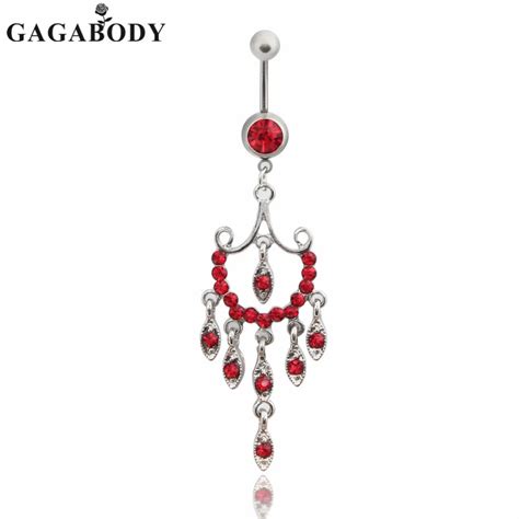 Hot Selling Red Rhinestone Dangle Belly Ring L Stainless Steel Body