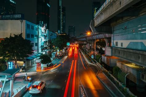 Night Shot Of The Backlights Of Moving Cars On An Expressway In Bangkok