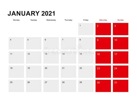 2021 January Planner Calendar Design Week Starts From Monday Stock