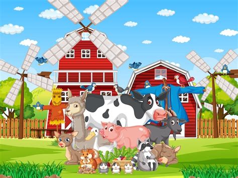 Free Vector Farm Scene With Many Farm Animals