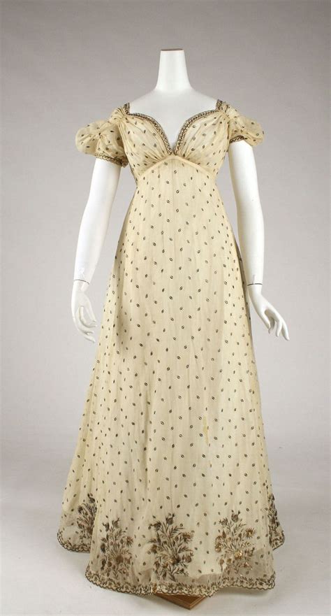Regency Cotton Evening Dress With Metallic Threading French C 1810