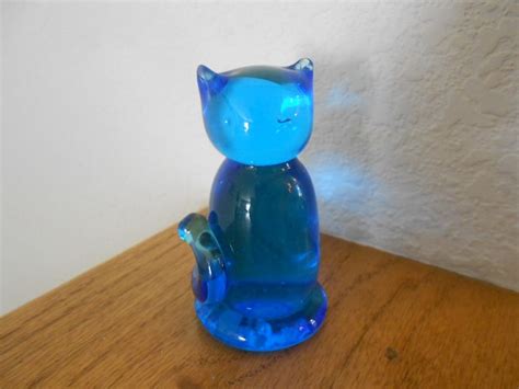 Vintage Blue Glass Cat Feline Art Crystal Cat Figurine Etsy