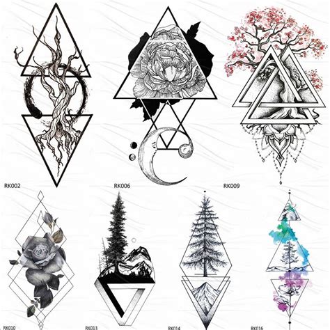 Black Realistic Geometric Rose Flower Triangle Temporary Tattoos