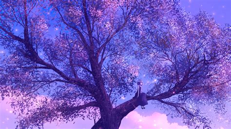 2560x1440 Anime Girl Sitting On Purple Big Tree 4k 1440p Resolution Hd