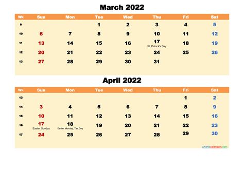 March And April Calendar 2022 Printable Word Pdf