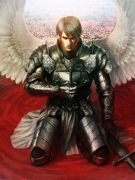 An Angel Sitting On The Ground With Two Swords In His Hands And Wings Over His Head
