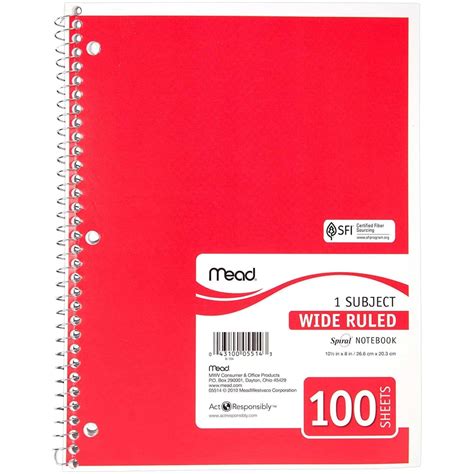 Mead Red A4 1 Subject Wide Ruled Spiral Notebook 100 Pages Hadafy